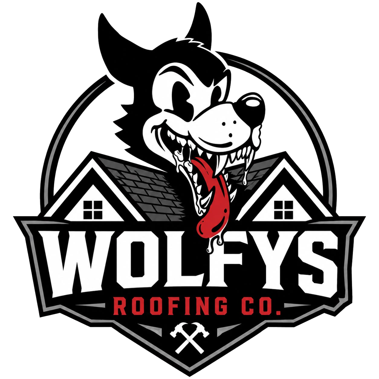 Wolfy's Roofing logo featuring a wolf above two rooflines