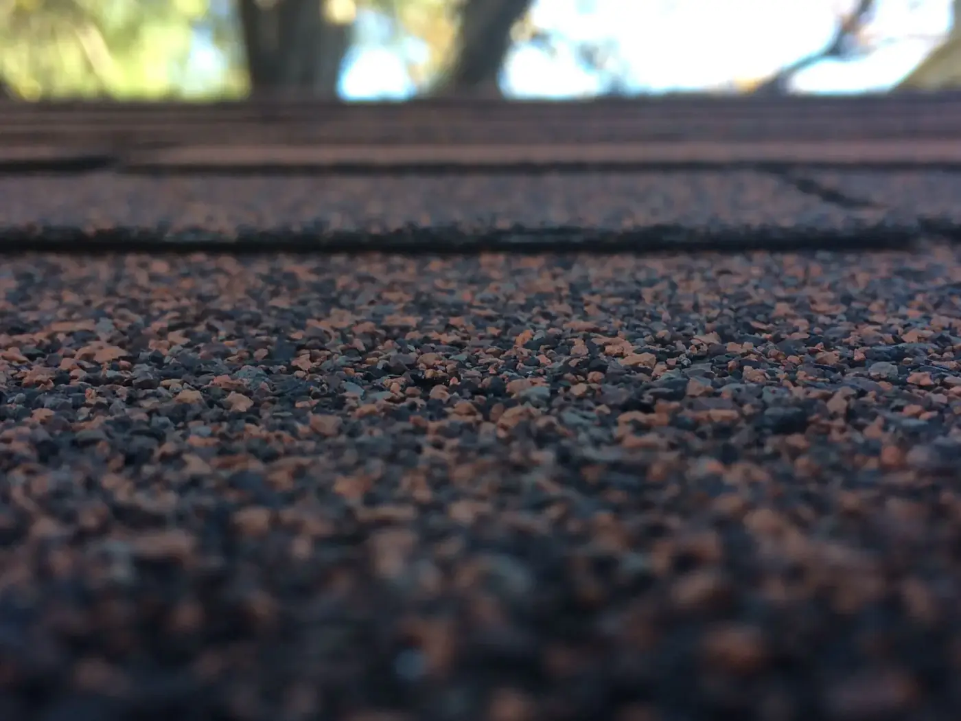 Close-up photograph of mineral granules on installed asphalt roof shingles