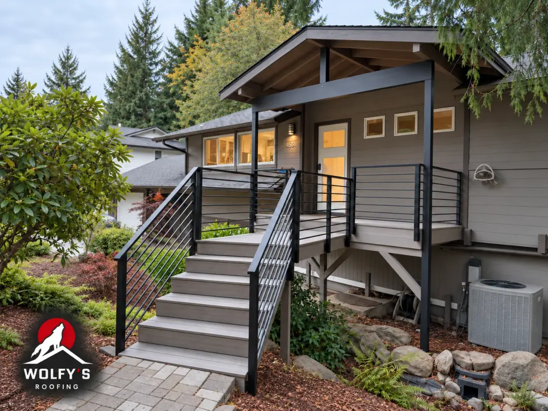 Deck stairs with black railings leading to a covered home entry