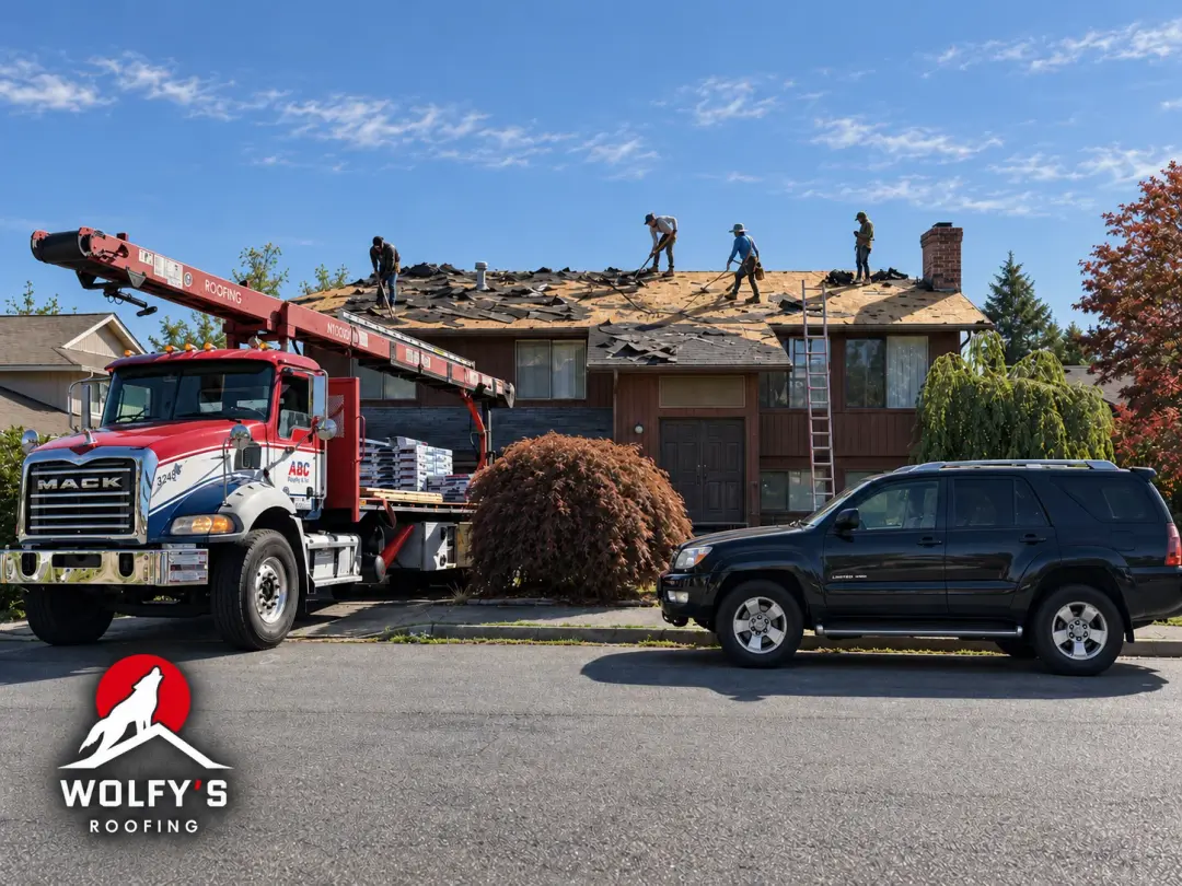 Roofing crew working on a home's exposed roof deck beside a material delivery truck