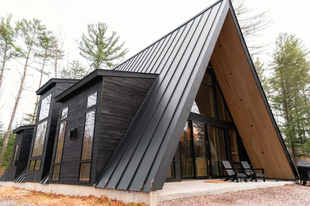 Clean black standing-seam metal roof on a contemporary woodland home