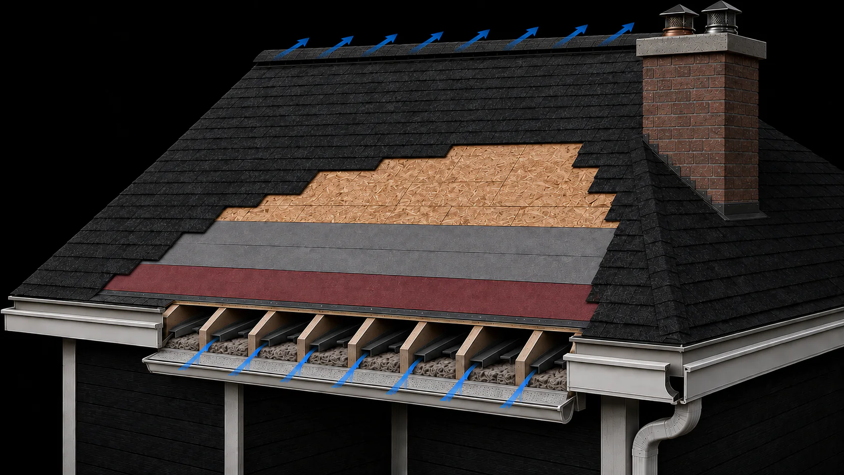 Clean three-dimensional roof cutaway without printed labels, showing shingles, exposed deck protection, leak barrier, eave intake ventilation, chimney flashing, gutters, and a continuous ridge vent