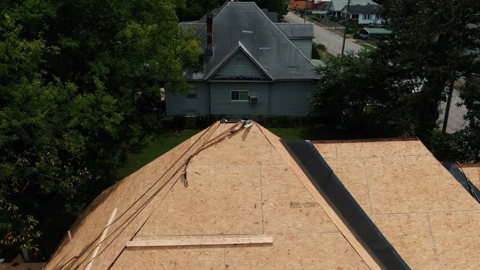 Roof framing and deck construction viewed from above